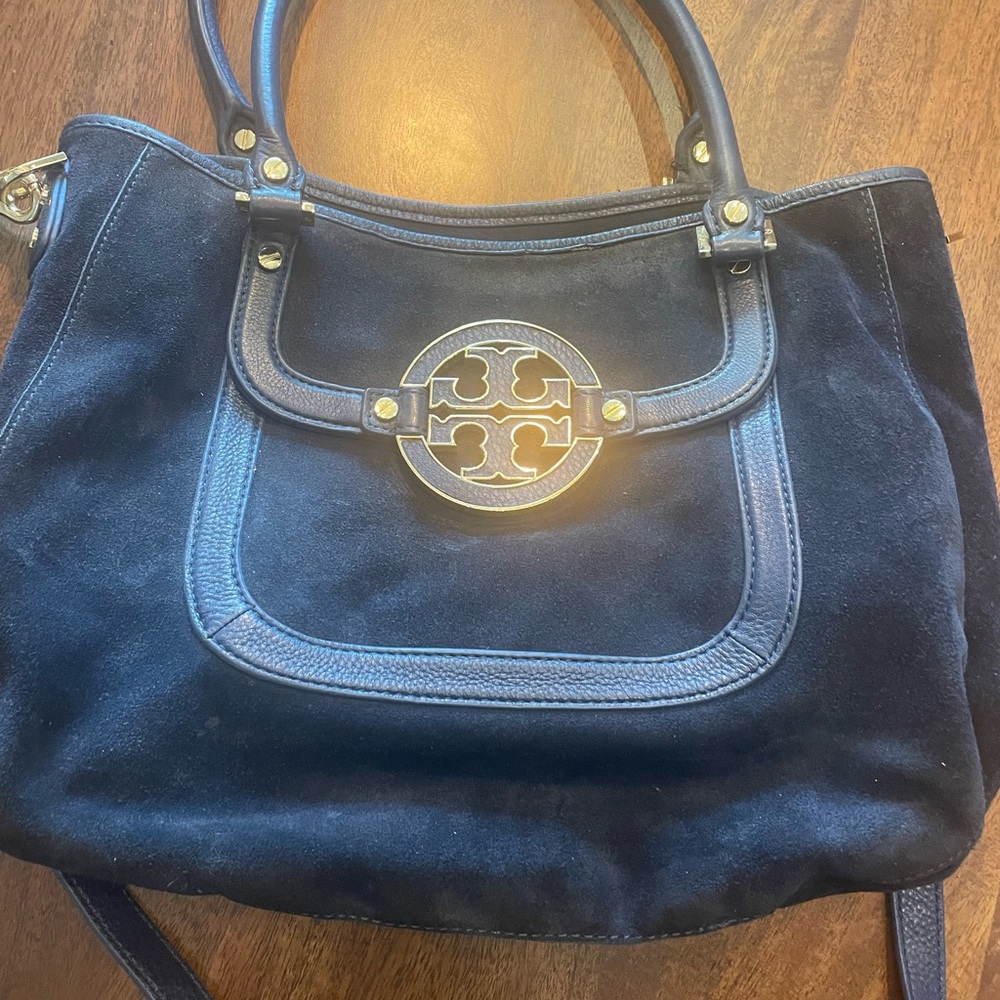 Tory Burch Navy Suede Tote with Gold Accents
